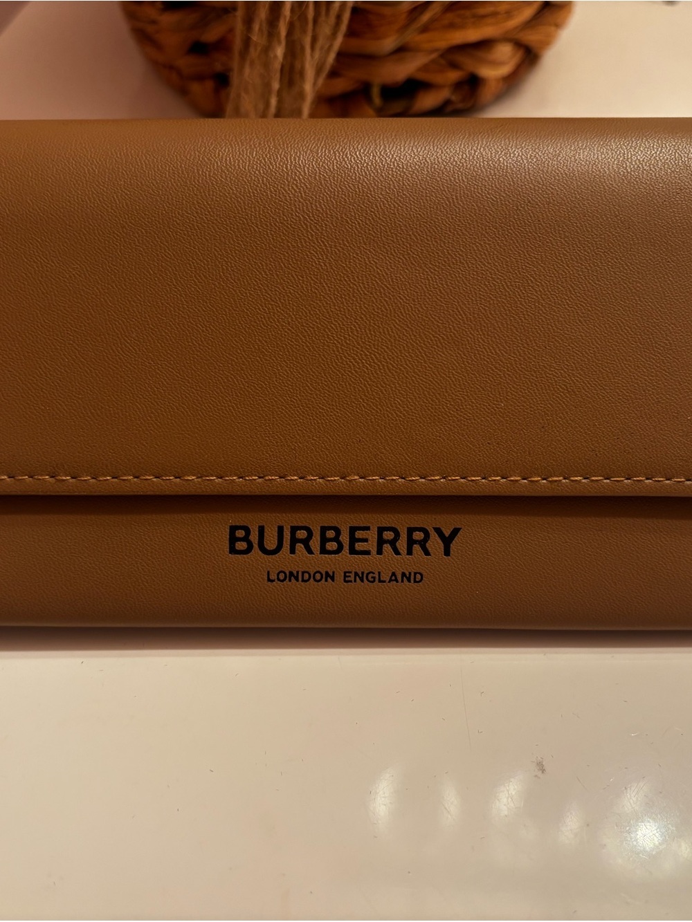 Burberry Camel Brown Leather Continental Sunglasses Case with Black Logo